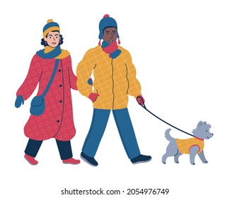 .Young Couple In Warm Winter Coats And Hats Walking A Dog On A Leash. Cozy Winter Scene. Flat Isolated Vector Illustration.