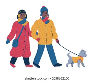 .Young Couple In Warm Winter Coats And Hats Walking A Dog On A Leash. Cozy Winter Scene. Flat Isolated Vector Illustration.