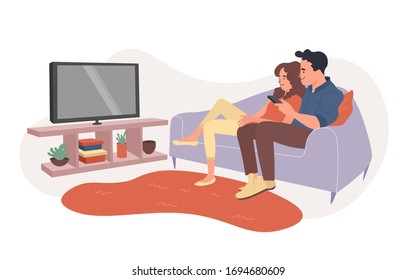 Young couple watch tv together. Happy man and woman sitting on couch and watching television show. Family movie night, lovers character home relax and watch video. Vector illustration