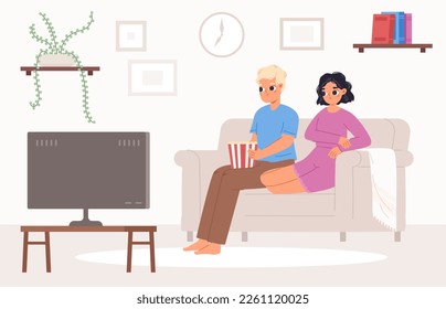 Young couple watch tv together in living room. Teenagers or adults date, student rest on sofa at evening. Home cinema with popcorn in snugly room vector scene
