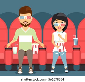 Young Couple Watching A Horror Film In A Movie Theater. The Guy And The Girl Surprised By What Is Happening On The Screen.