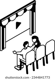 Young couple watching movie in cinema back view isometric Concept Vector Icon Design, Free time activities Symbol, Extracurricular activity Sign, hobbies interests Stock Illustration