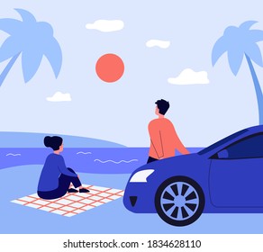 Young couple watching sunset on coast. Picnic, lover, entertainment. Flat vector illustration. Leisure concept can be used for presentations, banner, website design, landing web page