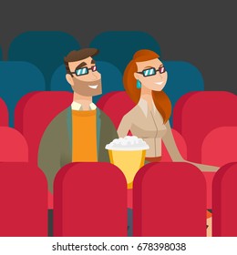 Young couple watching three D movie in the theatre. Smiling caucasian friends in three d glasses watching movie and eating popcorn in the cinema. Vector cartoon illustration. Square layout.