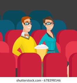 Young couple watching three D movie in the theatre. Smiling caucasian friends in three d glasses watching movie and eating popcorn in the cinema. Vector cartoon illustration. Square layout.