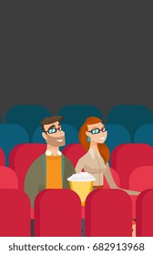 Joven pareja viendo una película en tres D en el teatro. Amigos caucásicos sonrientes con tres gafas viendo películas y comiendo palomitas de maíz en el cine. Ilustración de dibujos animados. Diseño vertical.