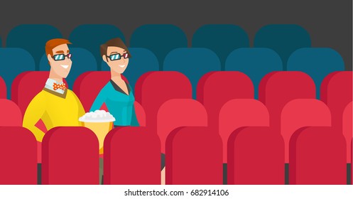 Young couple watching three D movie in the theatre. Smiling caucasian friends in three d glasses watching movie and eating popcorn in the cinema. Vector cartoon illustration. Horizontal layout.