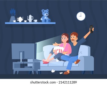 Young Couple Watching Tv. Man Watch Movie In Dark Room With Girl. Friends Relax At Evening On Sofa In Apartment. Family Rest At Home, Decent Vector Scene