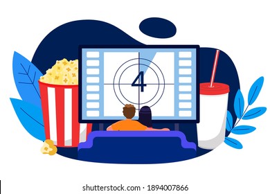 Young couple watching TV on a sofa at home vector illustration Home movie theater concept