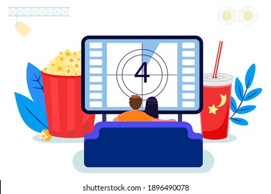 Young couple watching TV on a sofa at home vector illustration Home movie theater concept