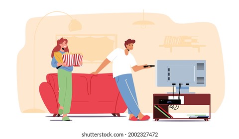 Young Couple Watching TV mit Popcorn zu Hause. Männliche und weibliche Charaktere, die an einem Wochenende zusammen auf Couch sitzen. Kino Freizeit, Freizeit, freier Tag. Vektorgrafik von Cartoon People