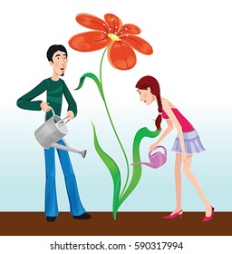 Young couple watering the flower. Vector illustration