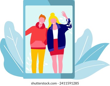 Young couple waving and smiling from tablet screen. Digital friendship and online communication. Virtual hello and couple connection vector illustration.