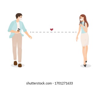 young couple wear face mask with coffee walk together with social distance due to corona virus pandemic eps10 vectors illustration