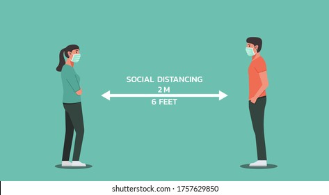 young couple wear face mask standing and looking at each other maintain social distancing, keep distance, character flat vector illustration