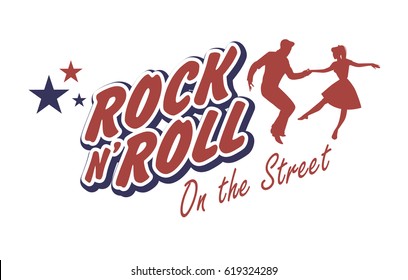 Young Couple Wearing 50's Clothes Dancing Rock And Roll. Vector Illustration. Good For Logo