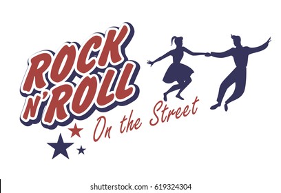 Young couple wearing 50's clothes dancing rock and roll. Vector Illustration. Good for logo