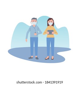 young couple wearing face masks using technology vector illustration design