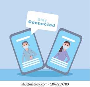 young couple wearing face masks in smartphone new connected vector illustration design
