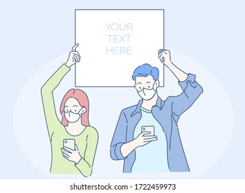 Young couple wearing facial mask are holding a speech bubble and chatting on smartphones. Hand drawn in thin line style, vector illustration. (Mask can be removable) 