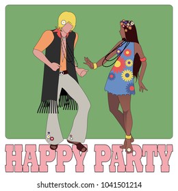 Young couple wearing hippie clothes of the 60s and 70s dancing