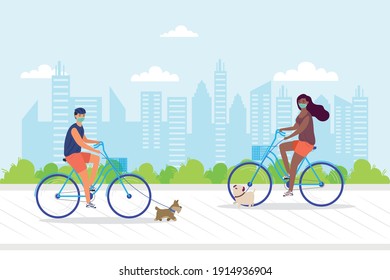 young couple wearing medial mask in bicycles with pets vector illustration design