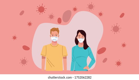 young couple wearing medical masks characters vector illustration design