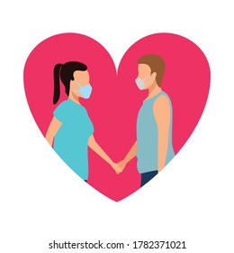 young couple wearing medical masks in heart characters vector illustration design