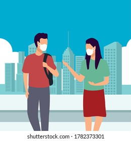young couple wearing medical masks on the city vector illustration design