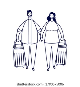 young couple wearing medical masks with suitcases vector illustration design