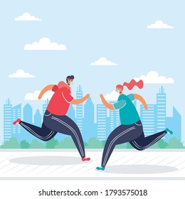 young couple wearing medical masks running avatars characters vector illustration design