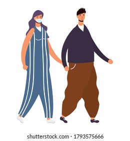 young couple wearing medical masks walking characters vector illustration design