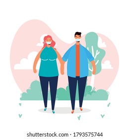 young couple wearing medical masks walking characters vector illustration design