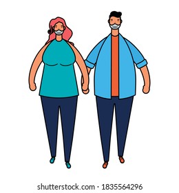 young couple wearing medical masks walking characters vector illustration design