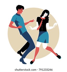 Young Couple Wearing Retro Clothes 60s, Dancing Northern Soul Or Mod Style