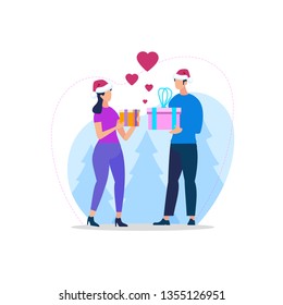 Young Couple Wearing Sanata Claus Hats Making Presents to Each Other. Man and Woman Give Gift Boxes Isolated on White Background with Christmas Trees. Xmas, New Year. Cartoon Flat Vector Illustration.