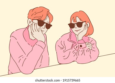 Young couple wearing sunglasses posing with hand on chin hand-drawn style vector illustration