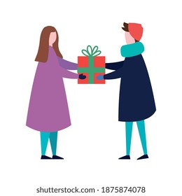 young couple wearing winter clothes with gift vector illustration design