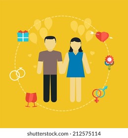 Young couple, wedding concept with icons, family planning, flat design.