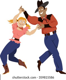 Young couple in western style clothes dancing, EPS 8 vector illustration, no transparencies