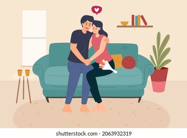 Young couple who are in love, cuddling on sofa, illustration concept.