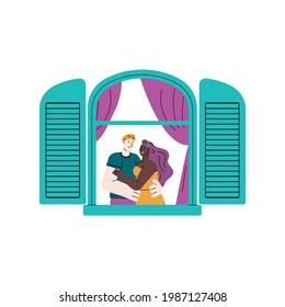 Young couple in window frame with open blue shutters and pink curtains seen from building exterior - outside view of man and woman hugging. Flat isolated vector illustration.