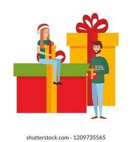 young couple with winter clothes and gifts