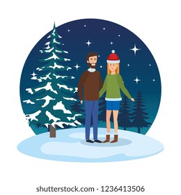 young couple with winter clothes in snowscape