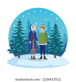 young couple with winter clothes in snowscape