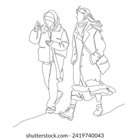 Young couple in winter clothes walking and talking. Man checking phone on the go and having hat and hood up. Continuous line drawing. Hand drawn vector illustration in line art style.