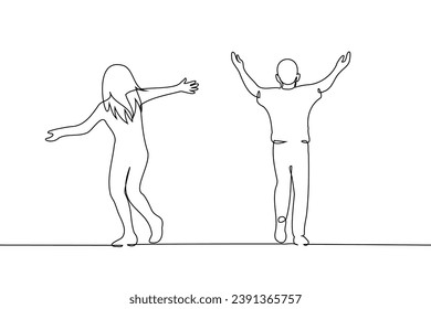 young couple: woman and man running in excitement waving their arms - one line art vector. concept joy of youth, happiness, freedom, love of freedom, rebellious spirit, lovers