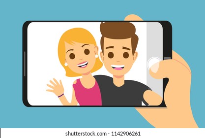 Young couple woman, man taking selfie photo on smartphone. Cute portrait of best friends on phone screen.  Smartphone selfie camera, mobile portrait photographing. Cartoon vector illustration eps 10