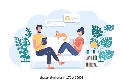 Young couple work online at home isolation. Stay at home cartoon vector flat illustration