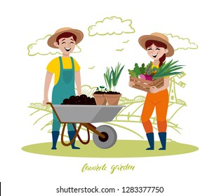 Young couple are working in the garden. Man with wheelbarrow of earth and seedlings in pots, a woman wooden box for vegetables and leaves greens. Vector illustration in a cartoon style